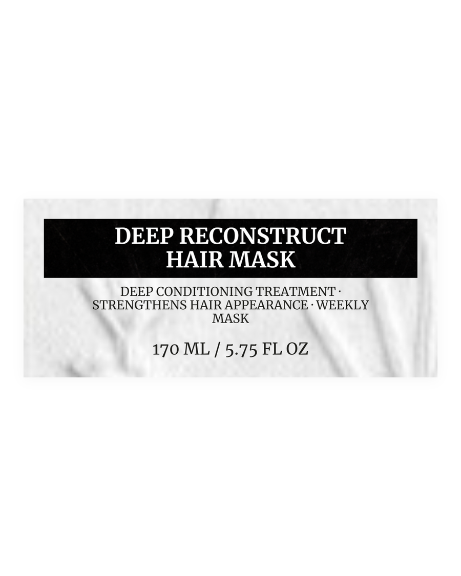 DEEP RECONSTRUCT HAIR MASK product label, deep conditioning treatment, strengthens hair appearance, weekly mask, 170 ml / 5.75 fl oz