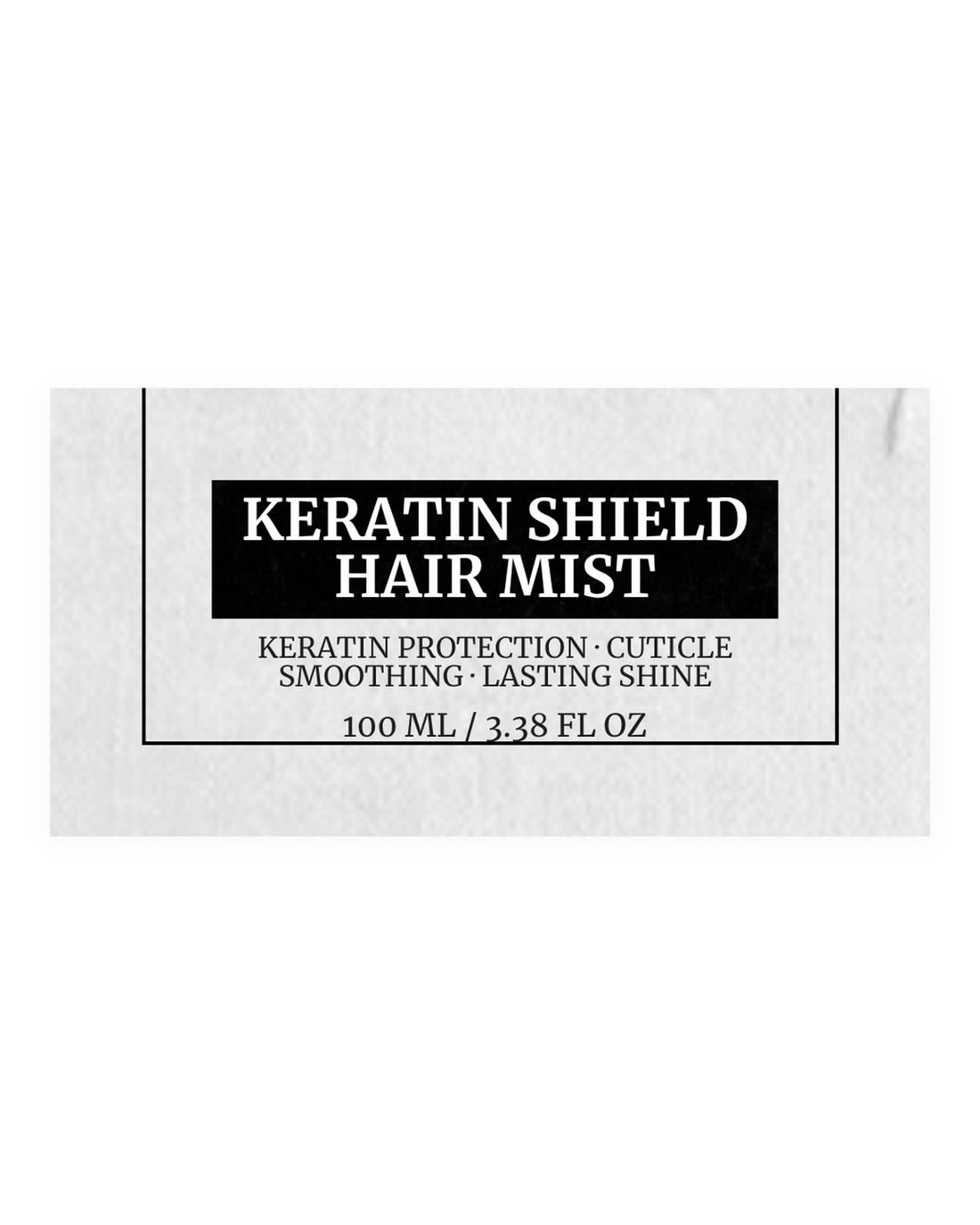KERATIN SHIELD HAIR MIST product label, keratin protection, cuticle smoothing, lasting shine, 100 ml / 3.38 fl oz