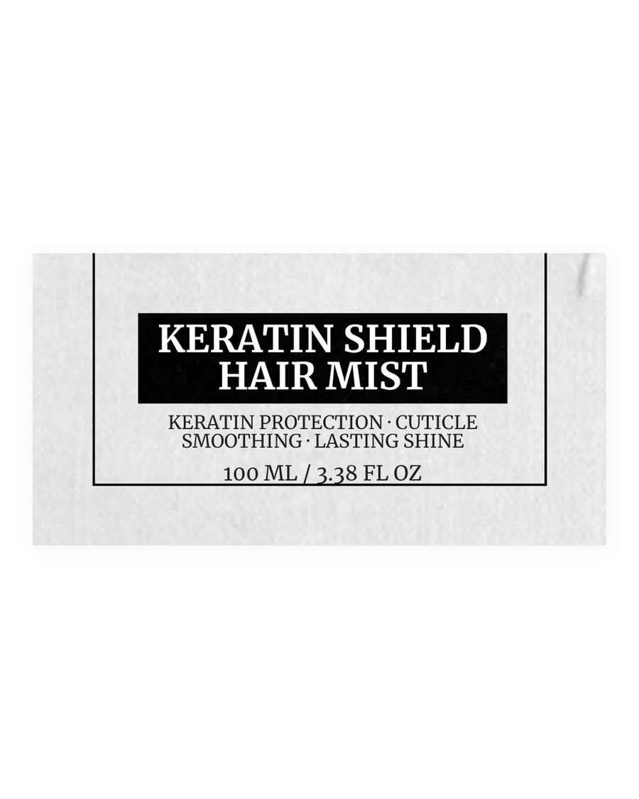 KERATIN SHIELD HAIR MIST product label, keratin protection, cuticle smoothing, lasting shine, 100 ml / 3.38 fl oz
