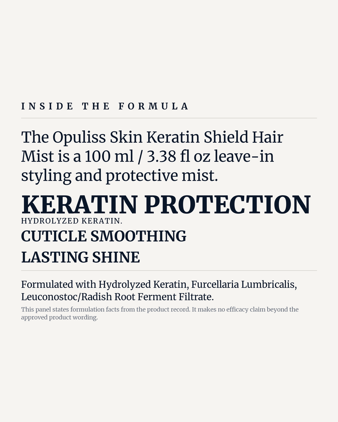 KERATIN SHIELD HAIR MIST potency panel, keratin protection, cuticle smoothing, lasting shine
