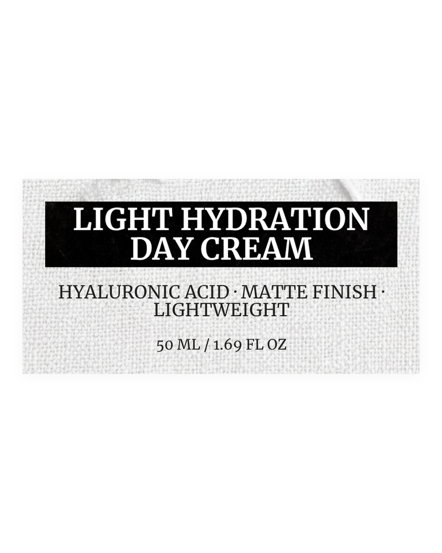 LIGHT HYDRATION DAY CREAM product label, hyaluronic acid, matte finish, lightweight, 50 ml / 1.69 fl oz