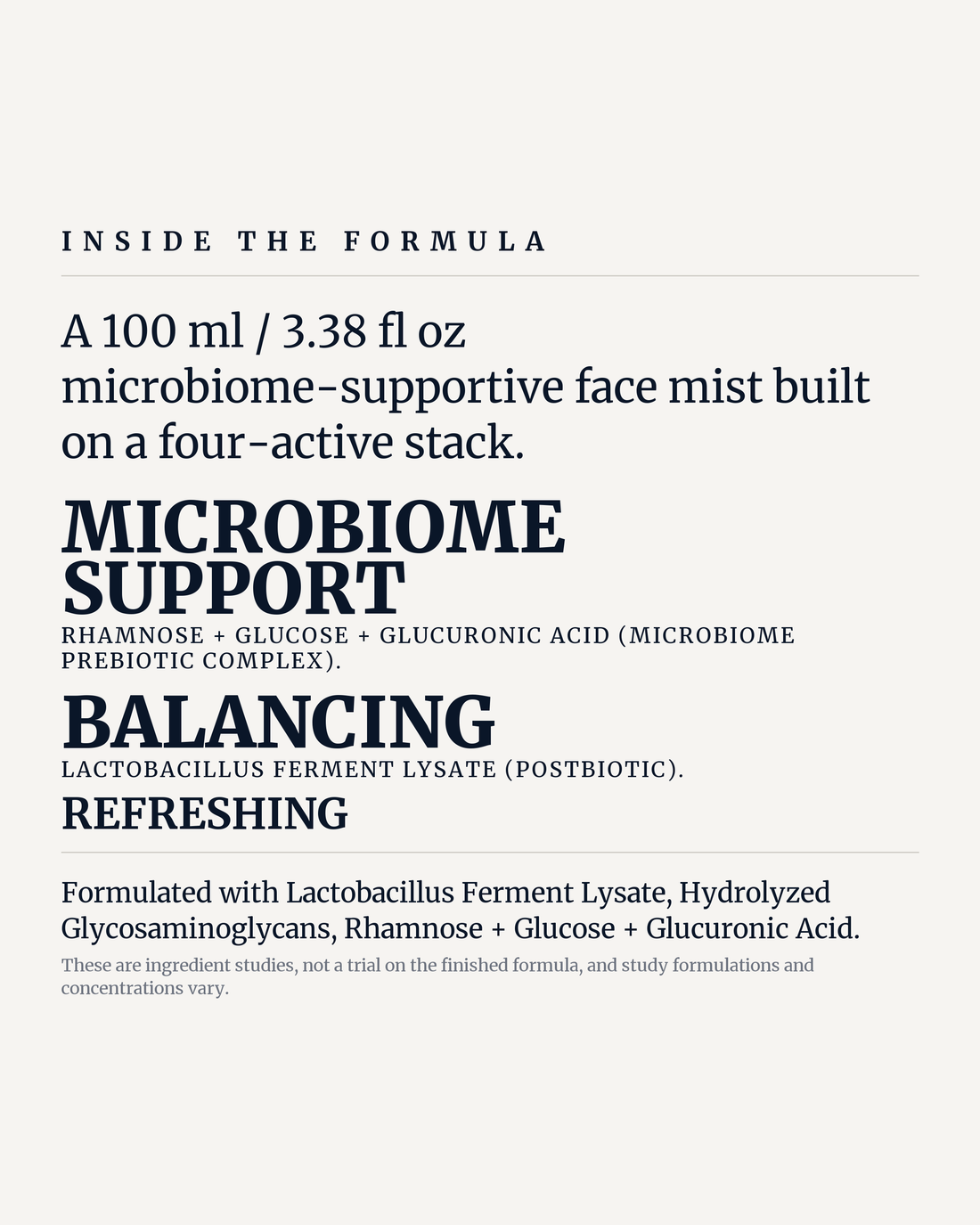 POSTBIOTIC CALM MIST potency panel, microbiome support, balancing, refreshing