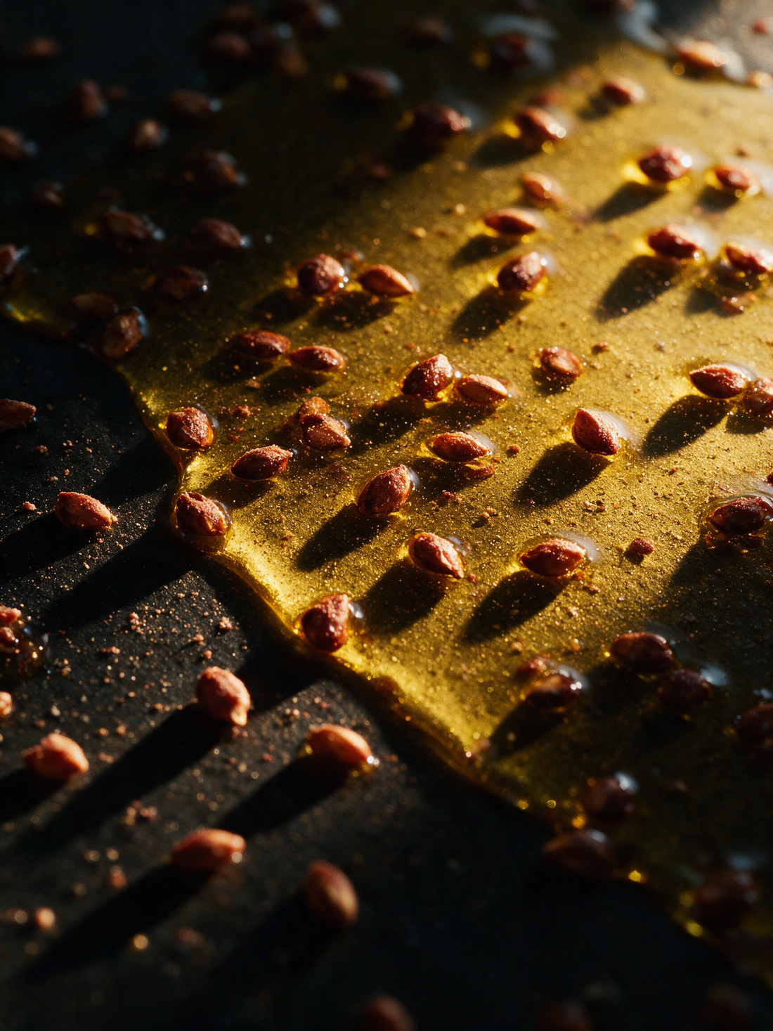 Raspberry seeds in cold-pressed oil, tiny hard seeds suspended in gold
