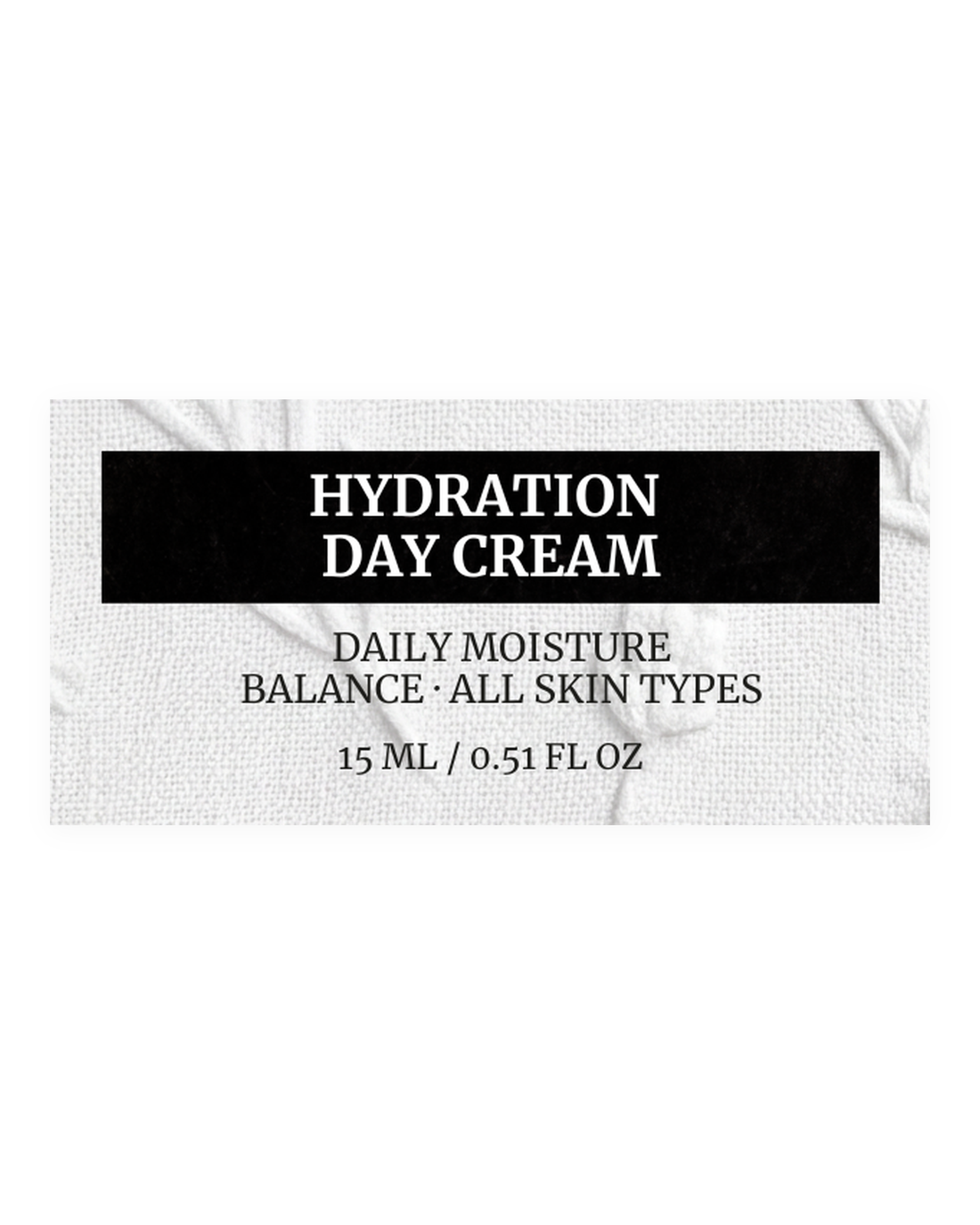 HYDRATION DAY CREAM 15 ML product label, daily moisture balance, all skin types, 15 ml / 0.51 fl oz