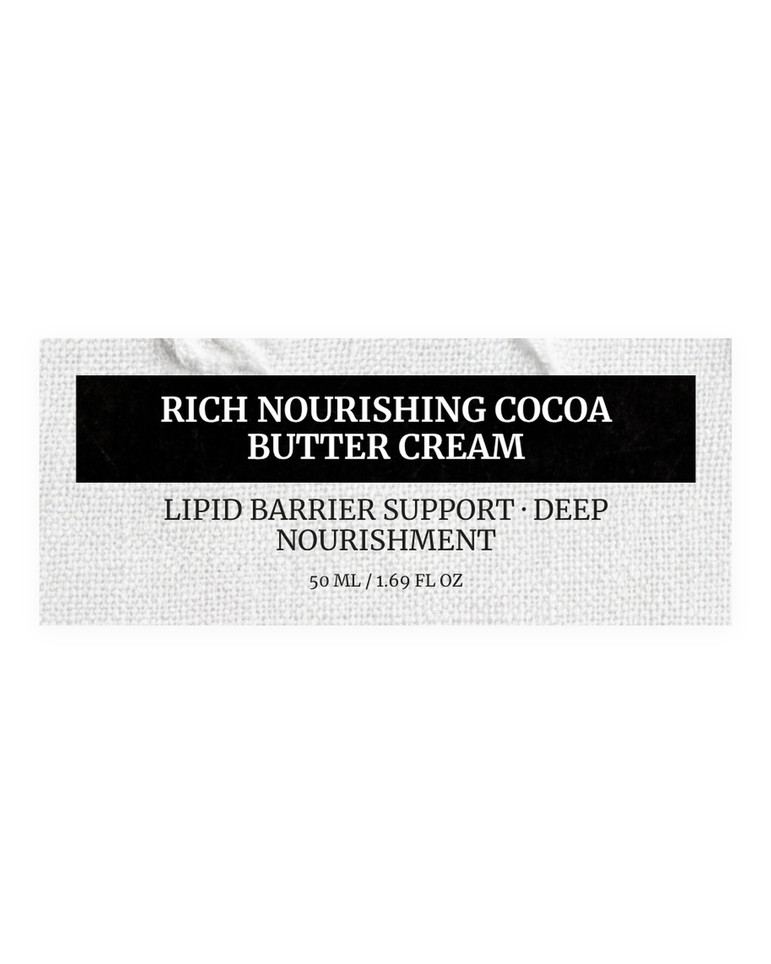RICH NOURISHING COCOA BUTTER CREAM product label, lipid barrier support, deep nourishment, 50 ml / 1.69 fl oz