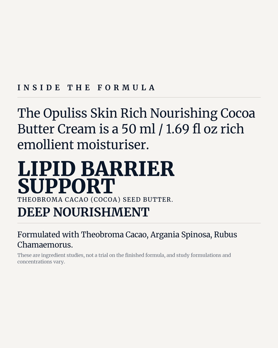 RICH NOURISHING COCOA BUTTER CREAM potency panel, lipid barrier support, deep nourishment