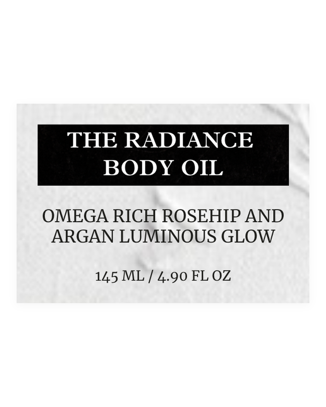 The Radiance Body Oil product label, rosehip and argan, omega rich, luminous glow, 145 ml / 4.90 fl oz