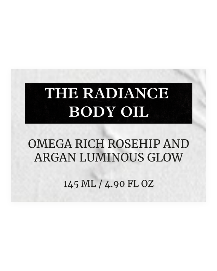 The Radiance Body Oil product label, rosehip and argan, omega rich, luminous glow, 145 ml / 4.90 fl oz