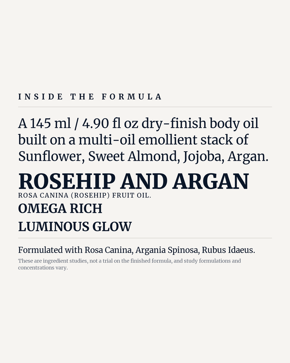 THE RADIANCE BODY OIL potency panel, rosehip and argan, omega rich, luminous glow