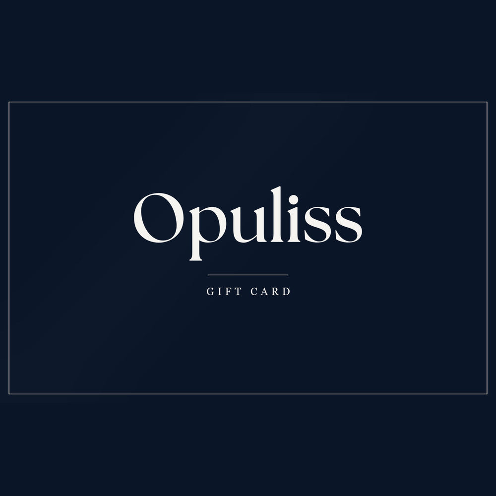 An Opuliss gift card, deep navy with the Opuliss wordmark in cream, above a thin rule reading GIFT CARD
