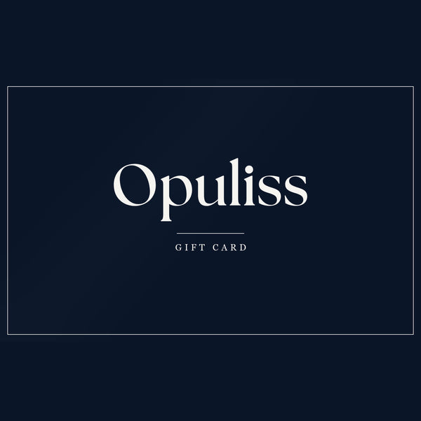 An Opuliss gift card, deep navy with the Opuliss wordmark in cream, above a thin rule reading GIFT CARD