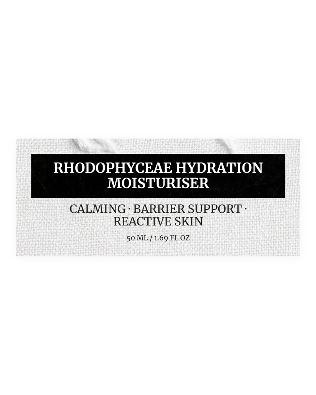 RHODOPHYCEAE HYDRATION MOISTURISER product label, calming, barrier support, reactive skin, fragrance free, 50 ml / 1.69 fl oz