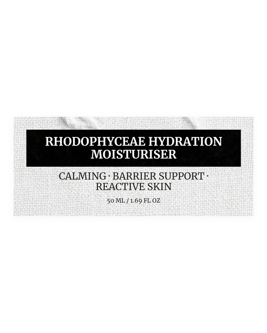 RHODOPHYCEAE HYDRATION MOISTURISER product label, calming, barrier support, reactive skin, fragrance free, 50 ml / 1.69 fl oz