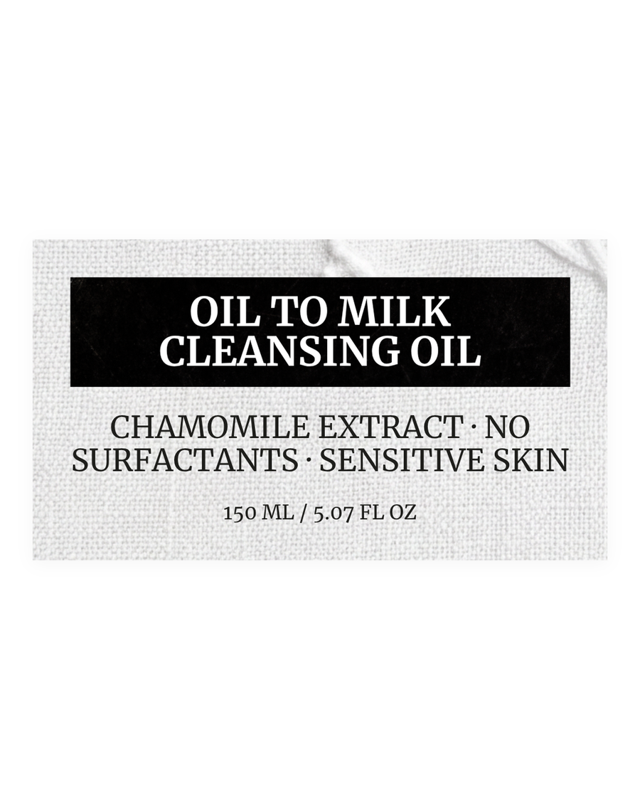 CHAMOMILE CLEANSING OIL product label, oil to milk, chamomile extract, no surfactants, sensitive skin, 150 ml / 5.07 fl oz