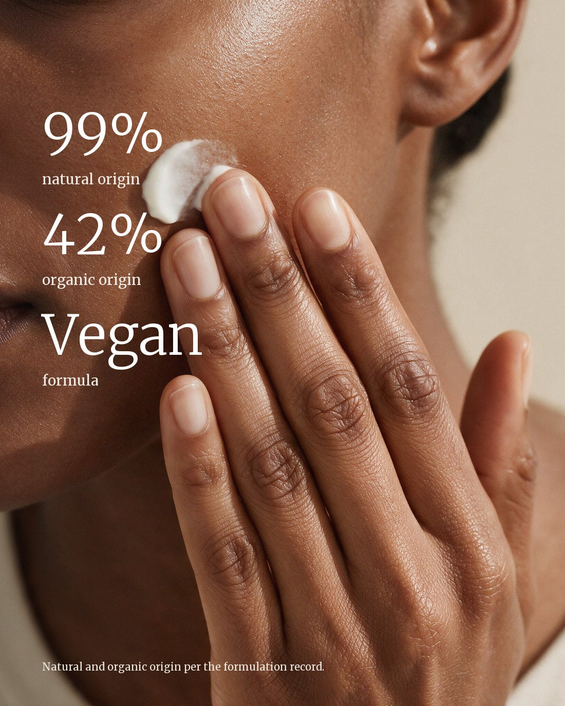 RHODOPHYCEAE OVERNIGHT CREAM, with its formulation figures set over the product image: 99% natural origin, 42% organic origin, Vegan formula