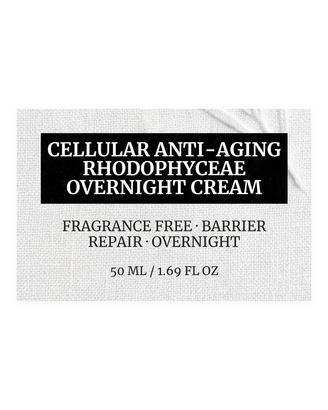 RHODOPHYCEAE OVERNIGHT CREAM product label, fragrance free, barrier repair, overnight, 50 ml / 1.69 fl oz