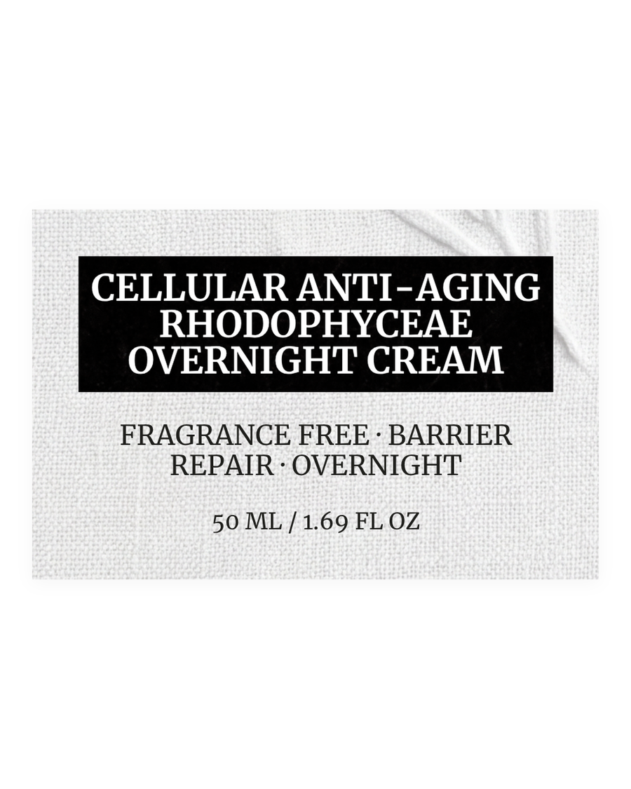 RHODOPHYCEAE OVERNIGHT CREAM product label, fragrance free, barrier repair, overnight, 50 ml / 1.69 fl oz