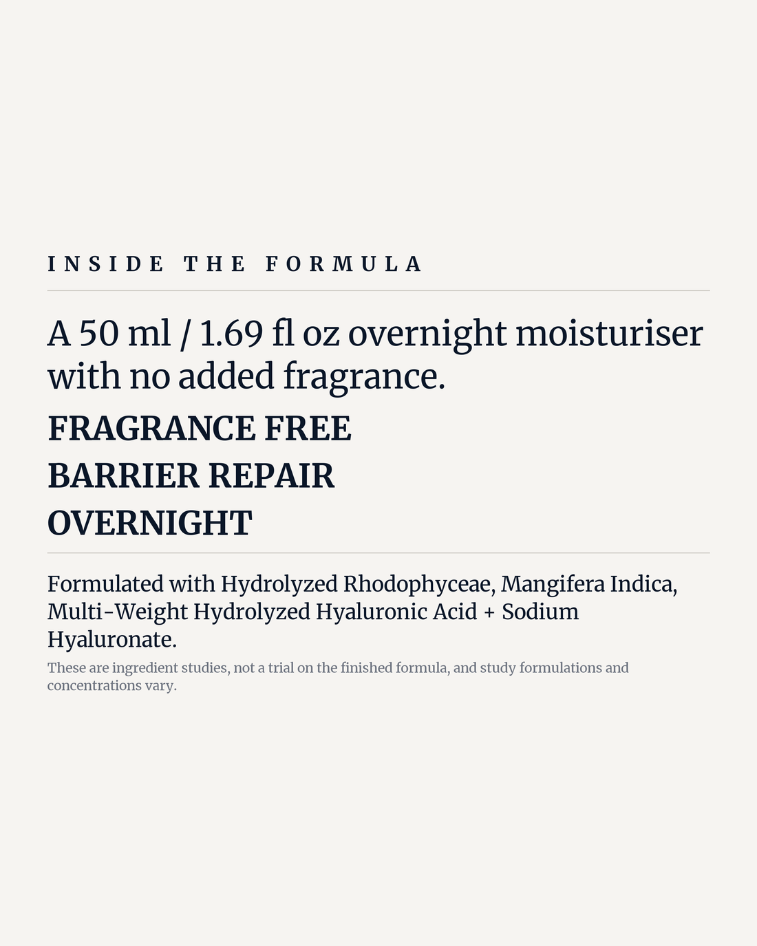 RHODOPHYCEAE OVERNIGHT CREAM potency panel, fragrance free, barrier repair, overnight