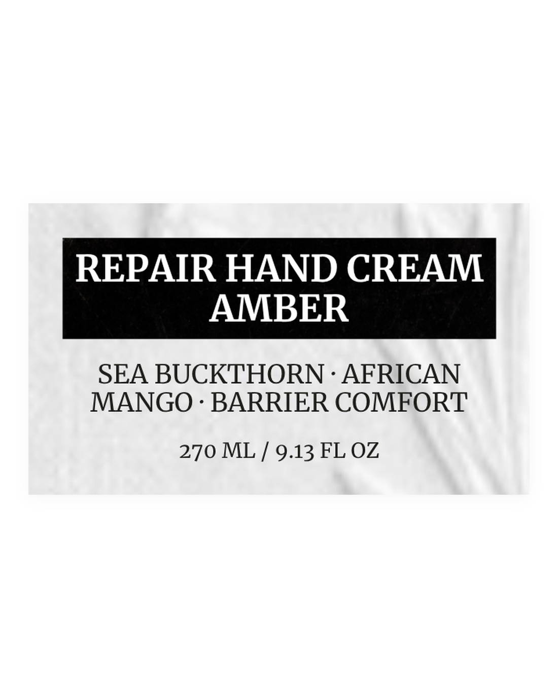 REPAIR HAND CREAM AMBER product label, sea buckthorn, african mango, barrier comfort, 270 ml / 9.13 fl oz