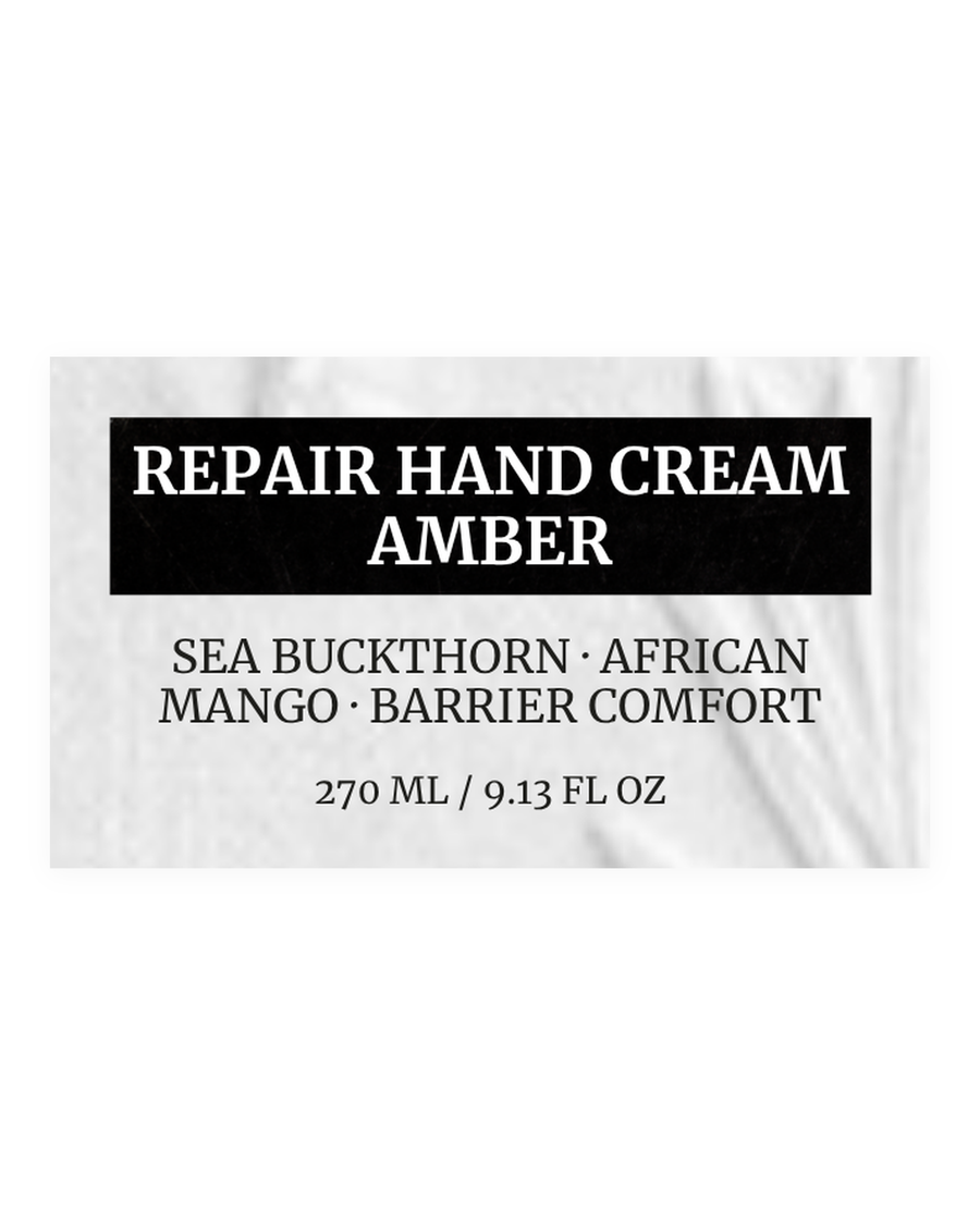 REPAIR HAND CREAM AMBER product label, sea buckthorn, african mango, barrier comfort, 270 ml / 9.13 fl oz