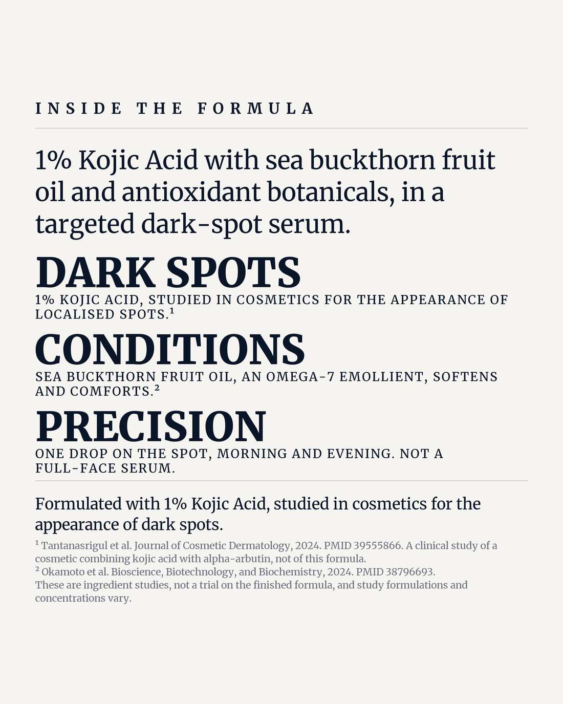 1% KOJIC ACID SPOT TREATMENT potency panel, dark spots, conditions, precision