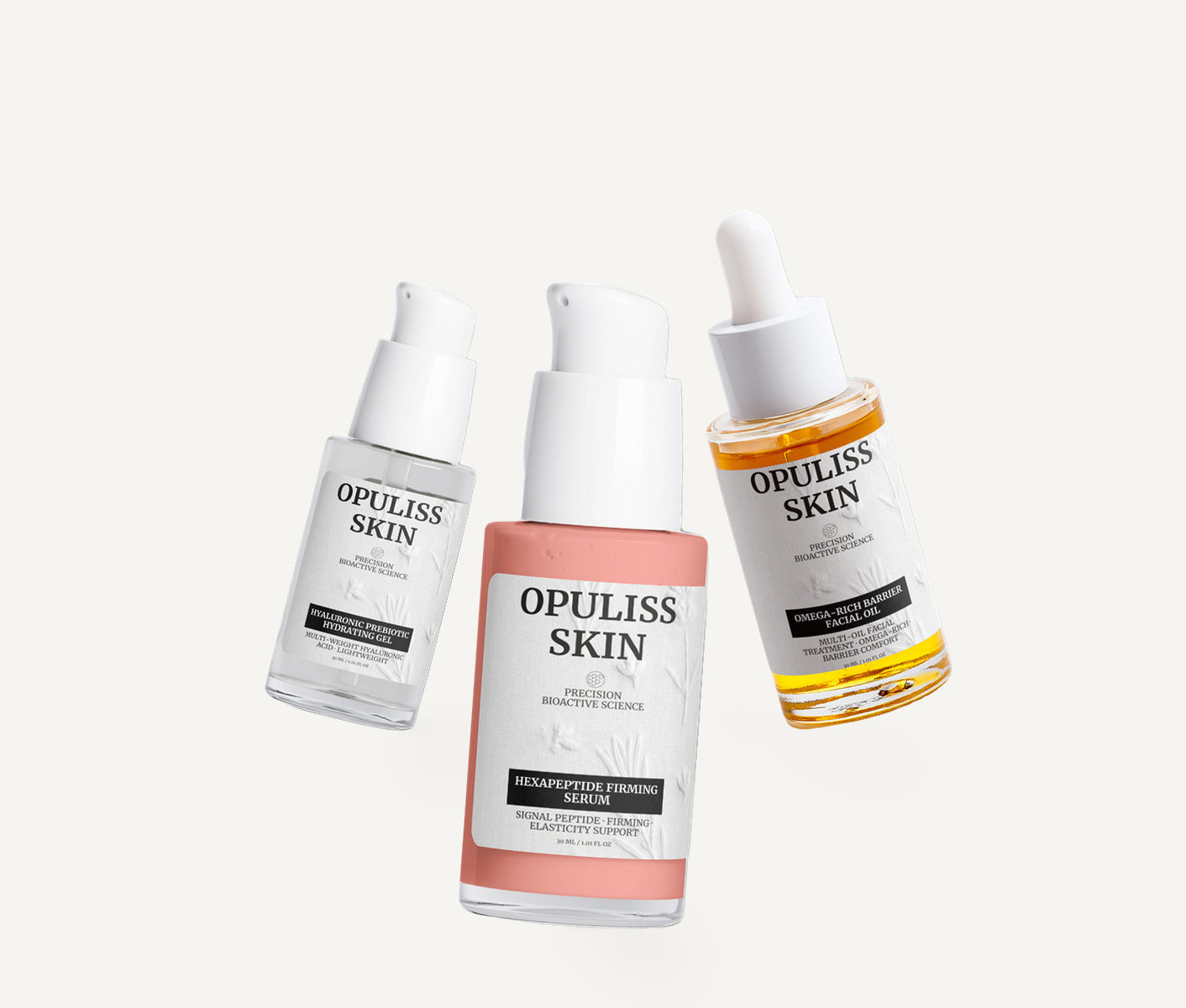 Opuliss Skin precision skincare: hydrating gel, peptide serum and facial oil